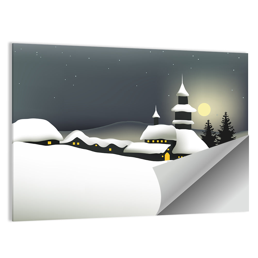 Moonlit Winter Village Illustration Wall Art