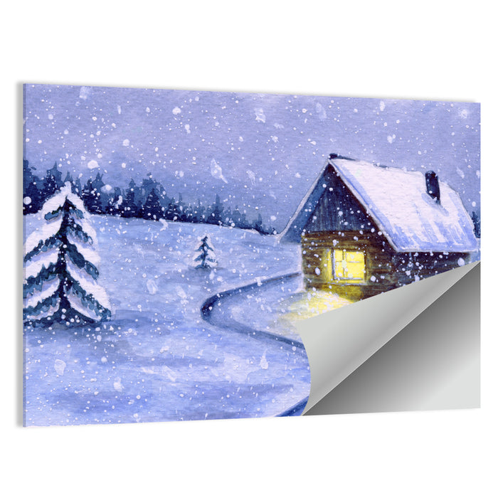Snowy Log Cabin Night Wall Art as a poster print