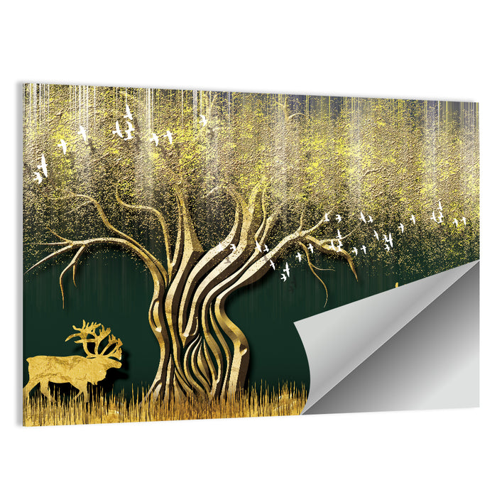 Golden Deer and Tree Illustration Wall Art as a poster print