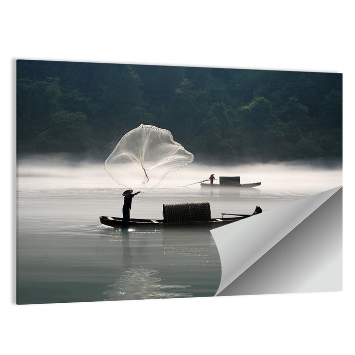 Misty Lake Fisherman Wall Art as a poster print