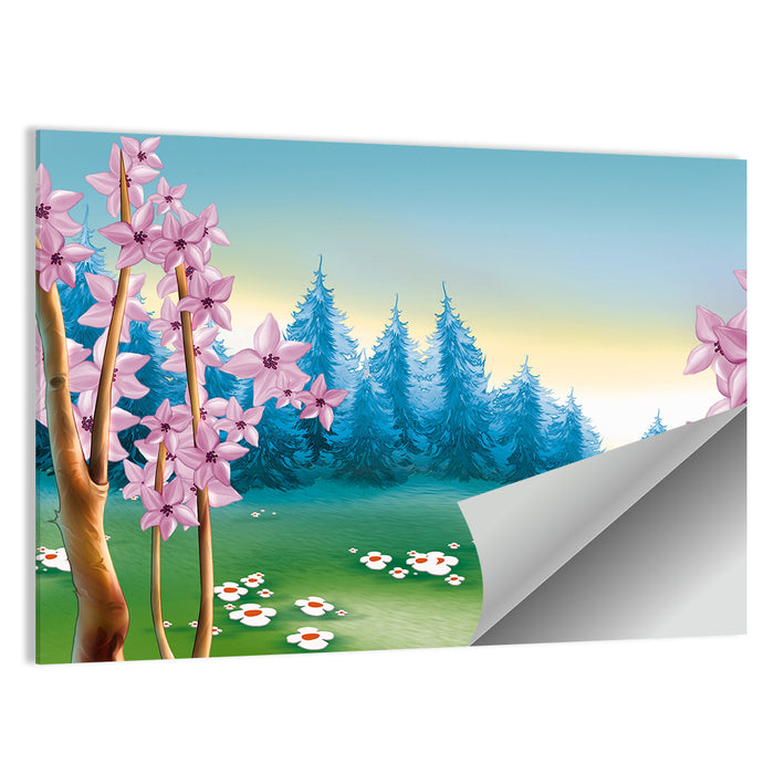 Spring Meadow Forest Illustration Wall Art as a poster print