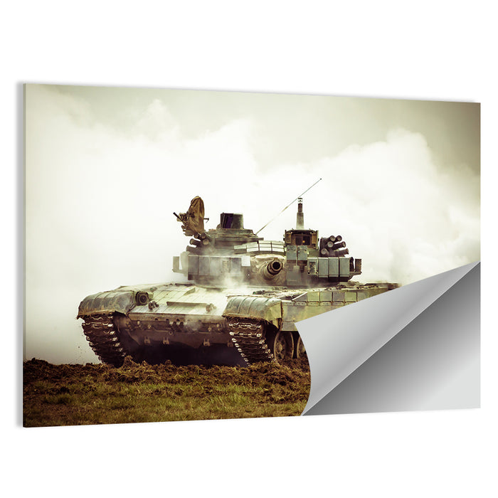 Camouflaged Battle Tank in Smoke Wall Art as a poster print