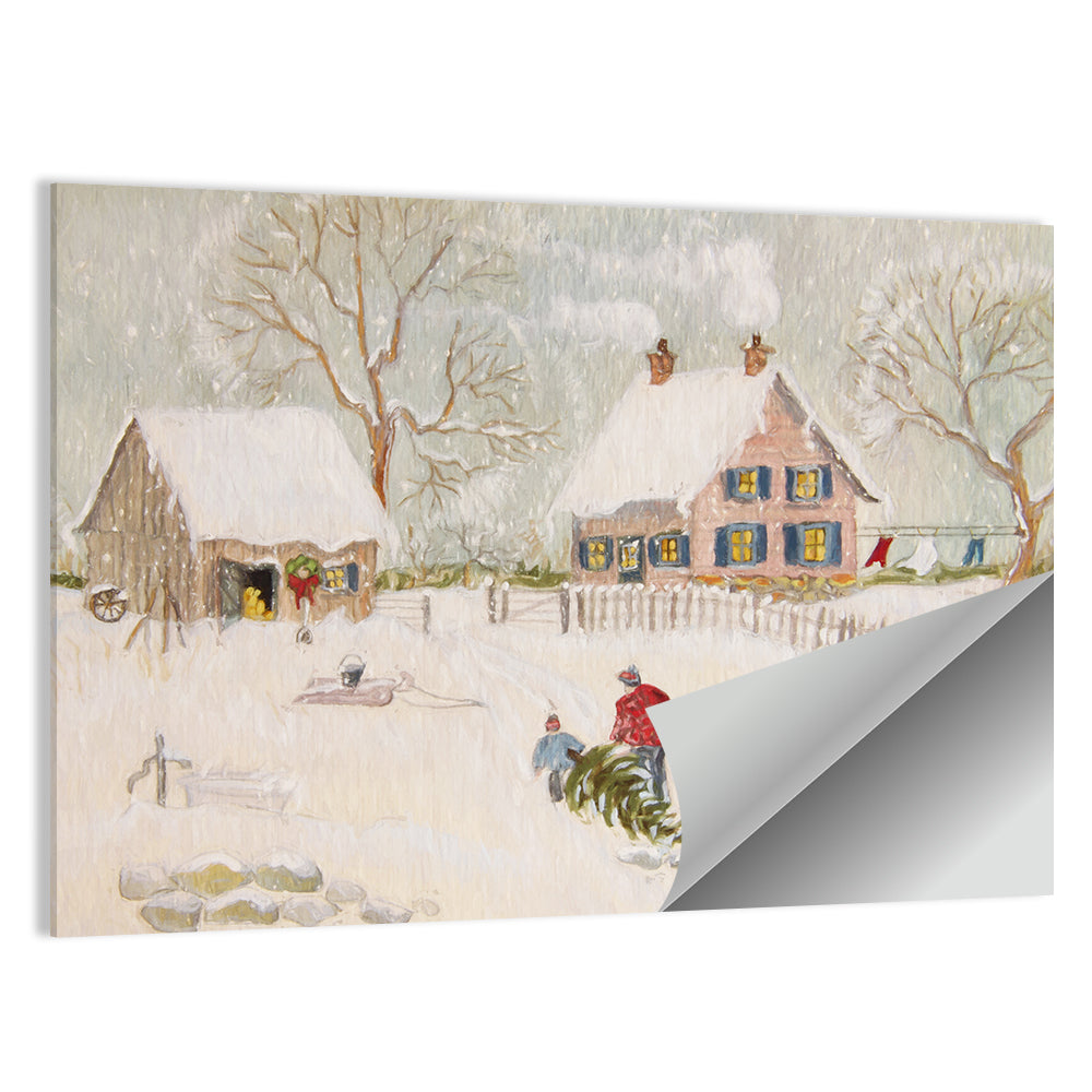 Snowy Farmhouse Illustration Wall Art