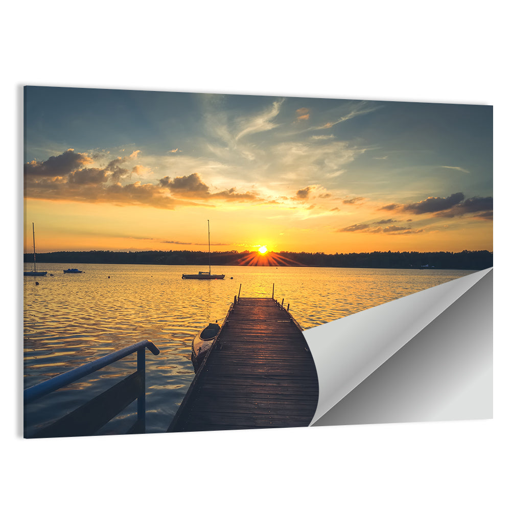 Sunset Pier with Sailboat Wall Art