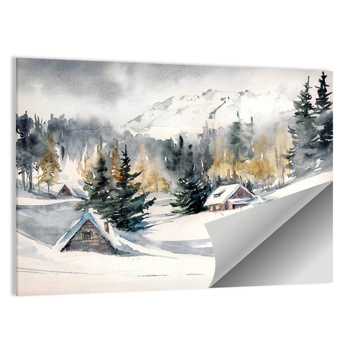 Snowy Mountain Village Watercolor Wall Art as a poster print