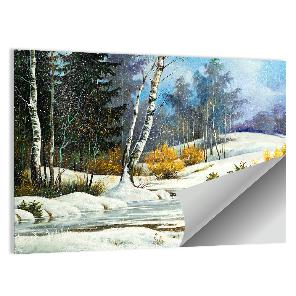 Birch Trees and Frozen Creek Landscape Wall Art
