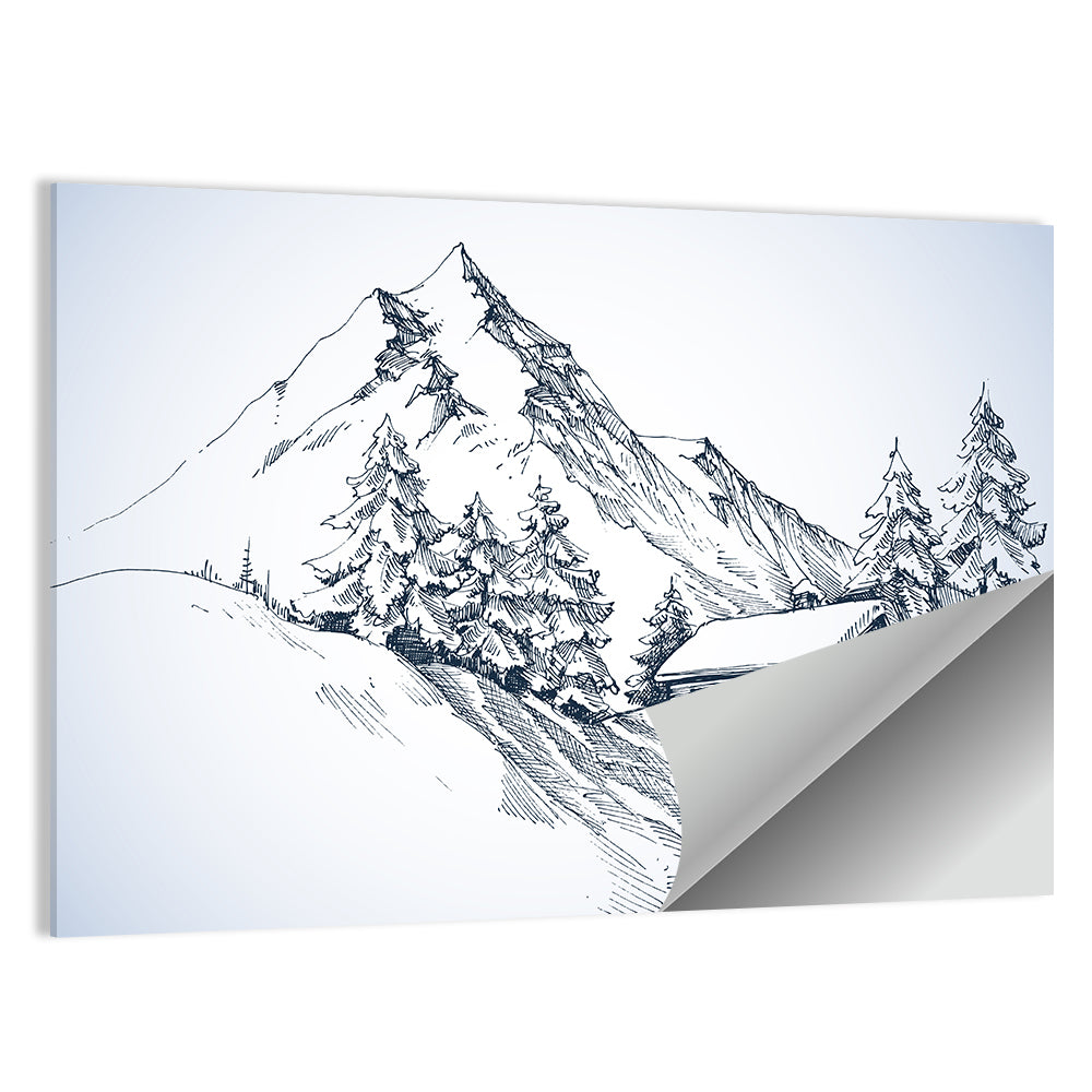 Snowy Mountain Cabin Sketch Wall Art