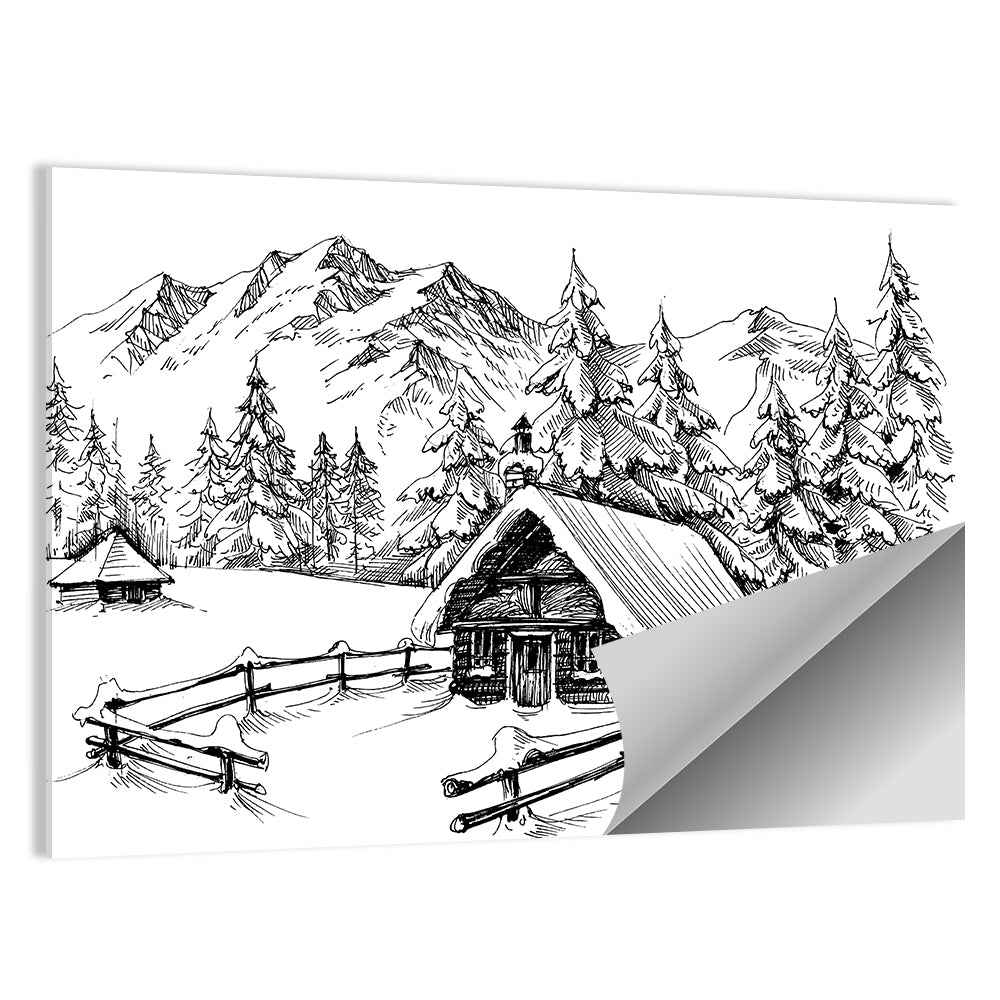 Snow-covered Mountain Cabin Wall Art