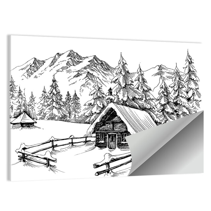 Snow-covered Mountain Cabin Wall Art as a poster print