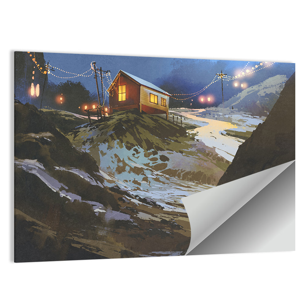 Wooden Cabin in Snowy Mountains Wall Art