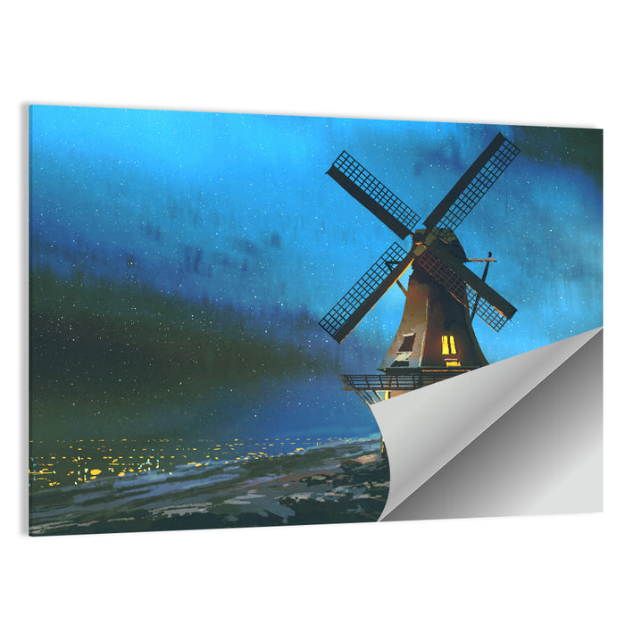 Seaside Windmill at Night Wall Art as a poster print