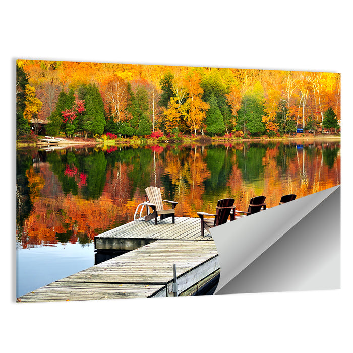 Autumn Lake Dock with Adirondack Chairs Wall Art as a poster print