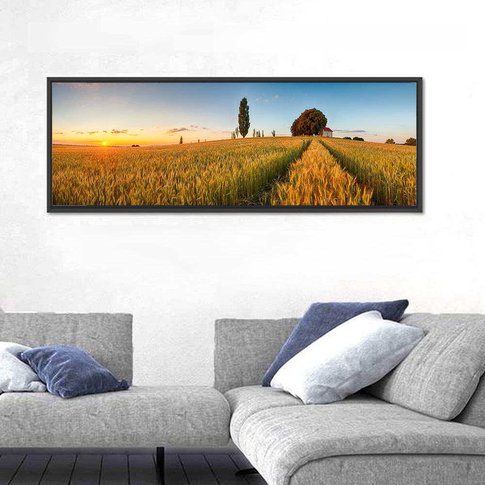 Sunset Wheat Field with Red Roof Cottage Wall Art