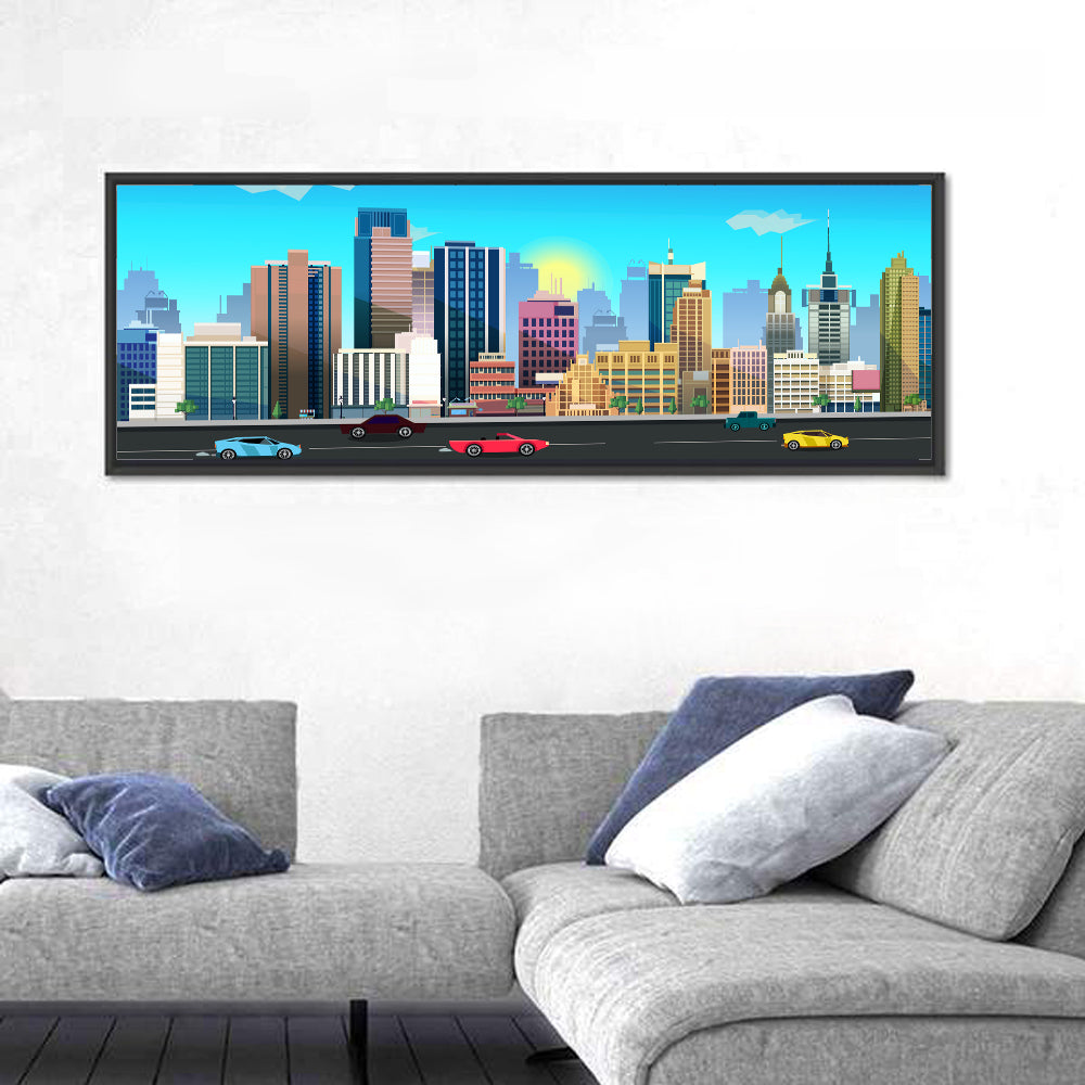 Geometric City Skyline with Sun Flare Wall Art