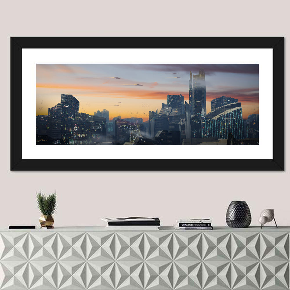 Futuristic City Skyline at Dusk Wall Art