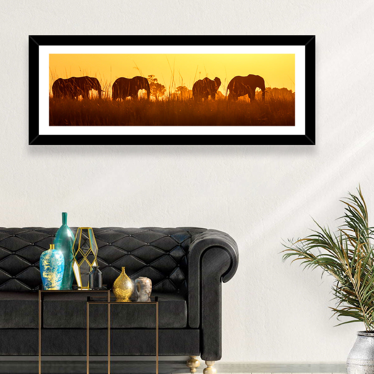 Golden Sunset Elephant Herd Wall Art