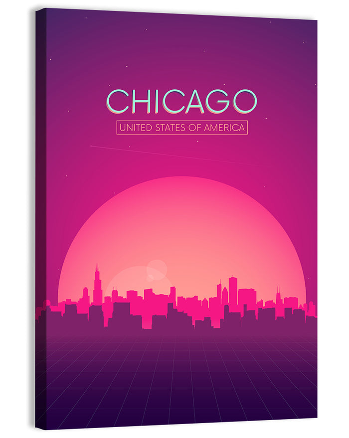 Chicago Retro Sunset Skyline Wall Art as a canvas print