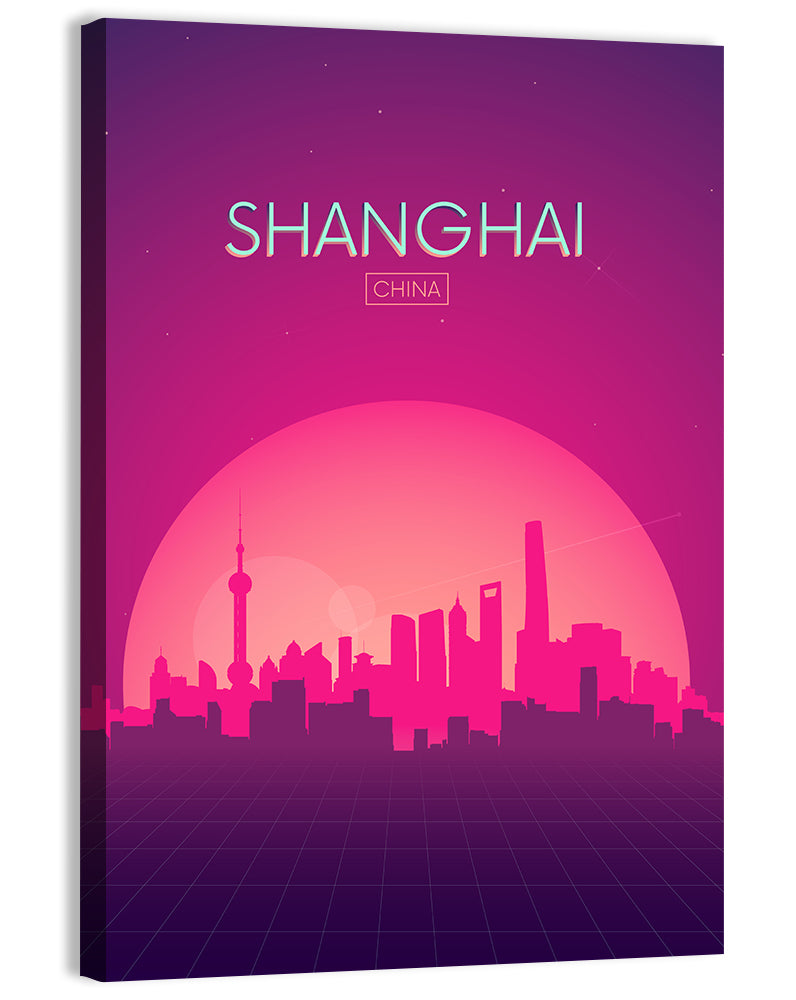 Shanghai Neon Sunset Skyline Wall Art, canvas print, portrait