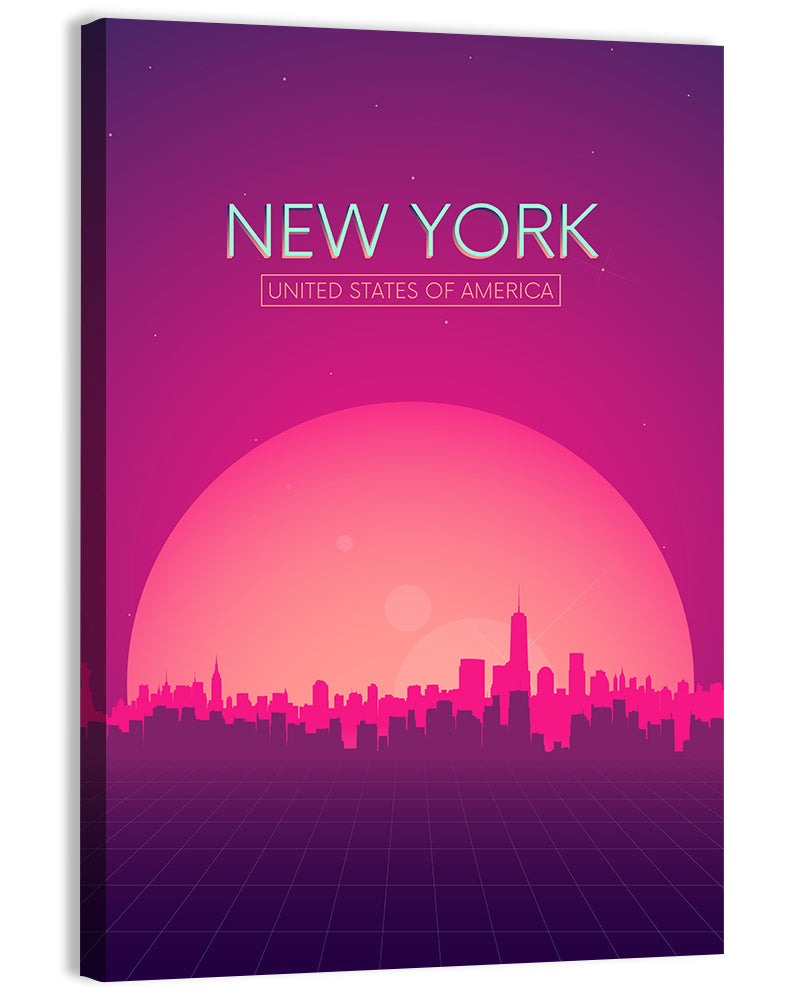 New York Retro Sunset Skyline Wall Art, canvas print, portrait