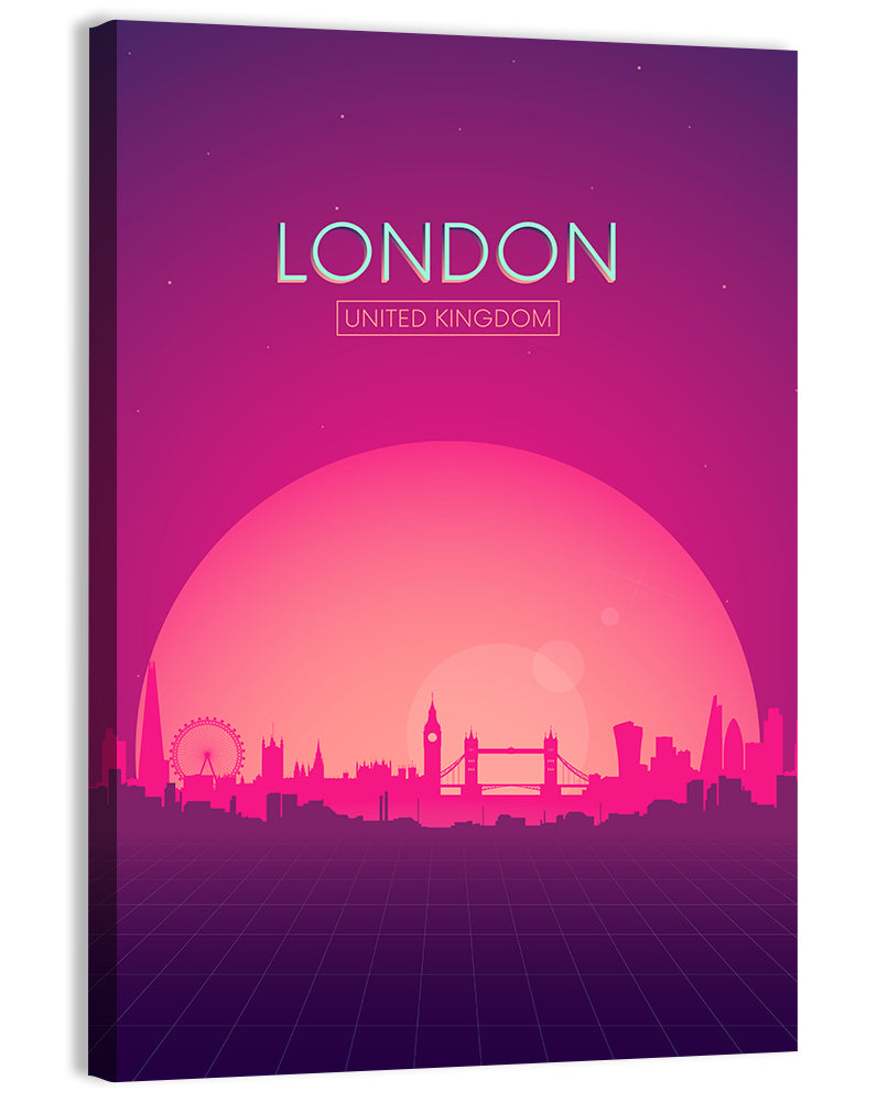 Retro London Sunset Skyline Wall Art, canvas print, portrait