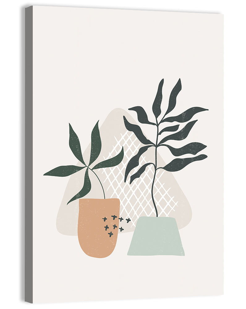 Potted Plants with Hand-drawn Grid Wall Art, canvas print, portrait