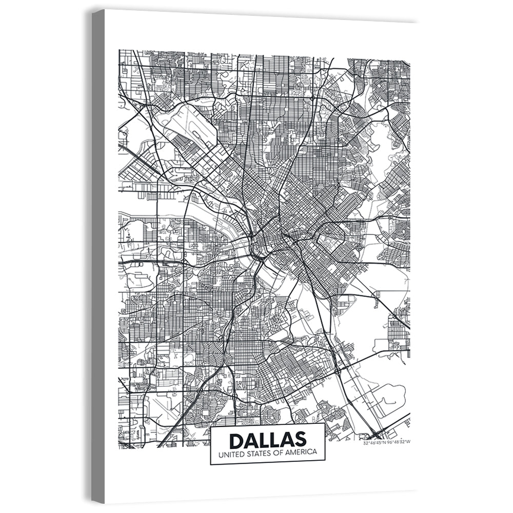Dallas City Map with Coordinates Wall Art, canvas print, portrait