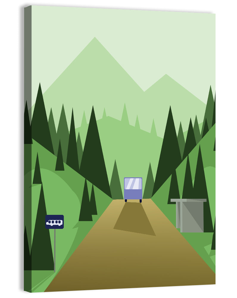 Mountain Road Bus Stop Illustration Wall Art, canvas print, portrait