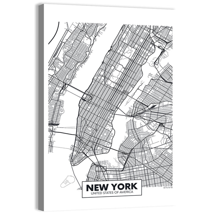 Manhattan Map, Black and White Wall Art as a canvas print