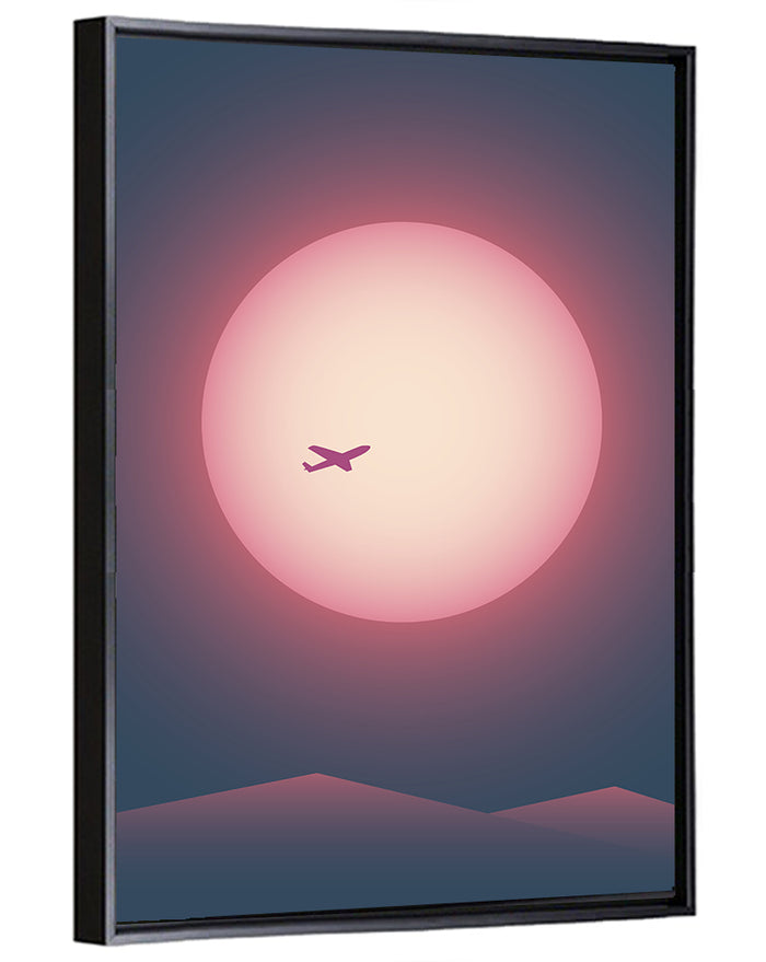 Twilight Airplane Over Mountains Wall Art as a framed canvas