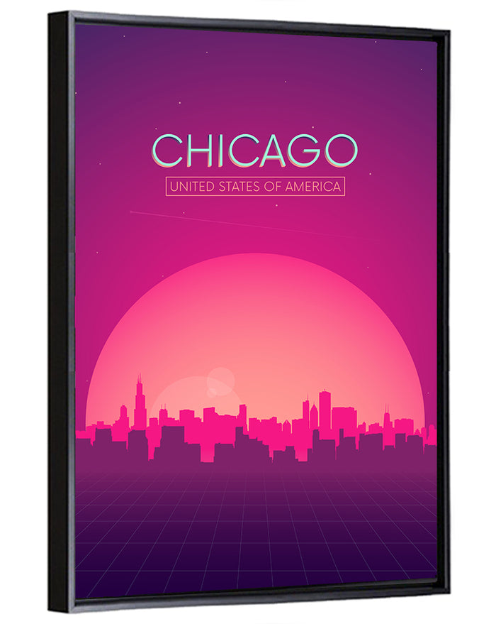 Chicago Retro Sunset Skyline Wall Art as a framed canvas