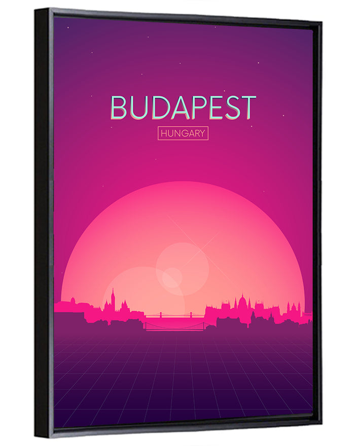 Budapest Sunset Skyline Wall Art as a framed canvas