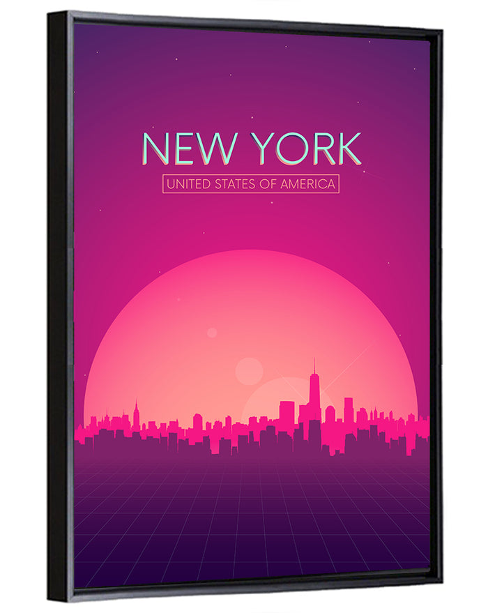 New York Retro Sunset Skyline Wall Art as a framed canvas