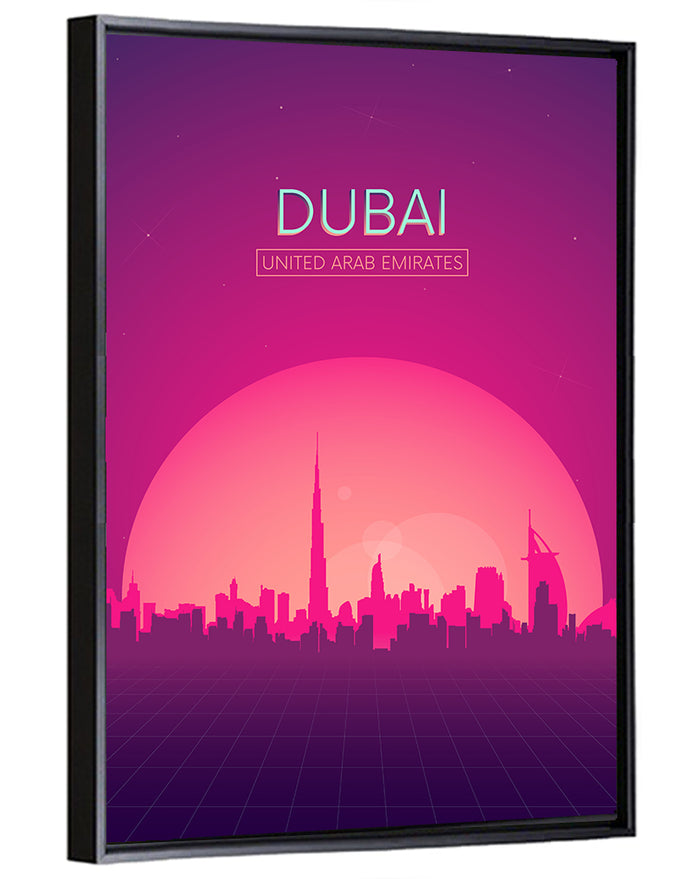 Dubai Retro Skyline Wall Art as a framed canvas