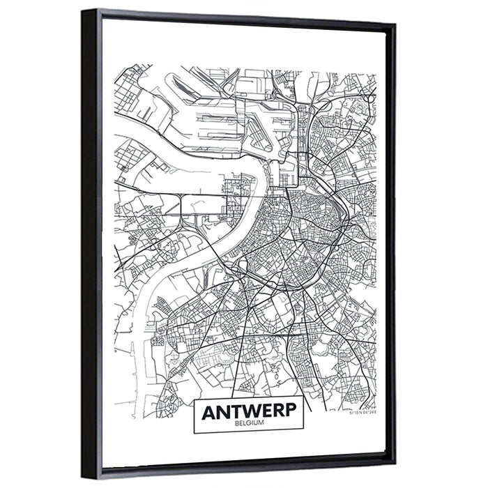 Antwerp City Map Wall Art as a framed canvas