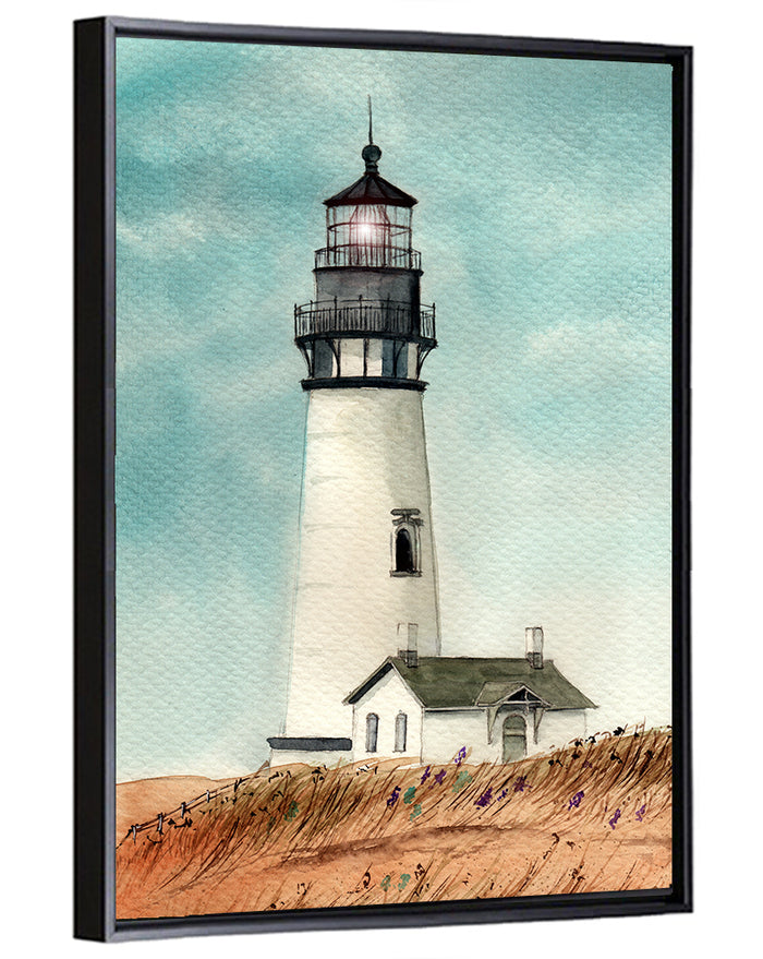 Lighthouse Over Grassy Dune Wall Art as a framed canvas