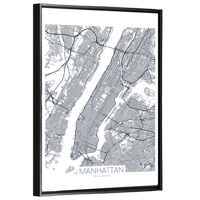 Manhattan Island Map Wall Art as a framed canvas