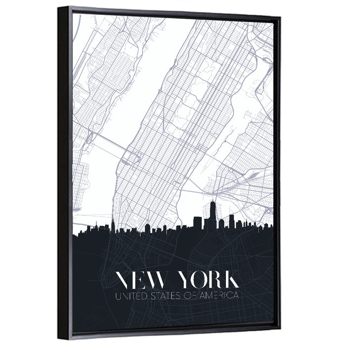 Manhattan Map with Skyline Wall Art as a framed canvas