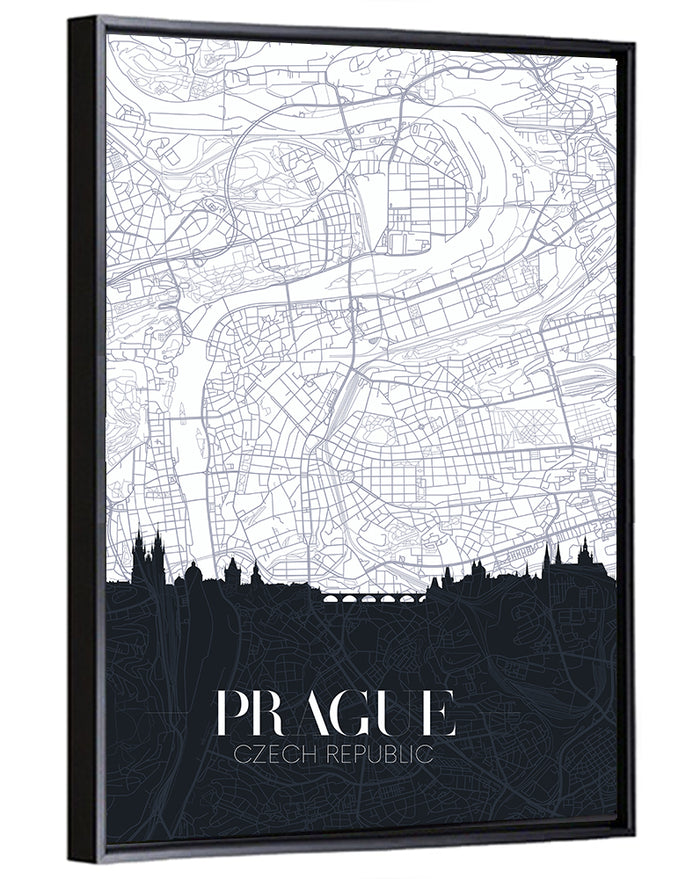 Prague Map with Charles Bridge Wall Art as a framed canvas