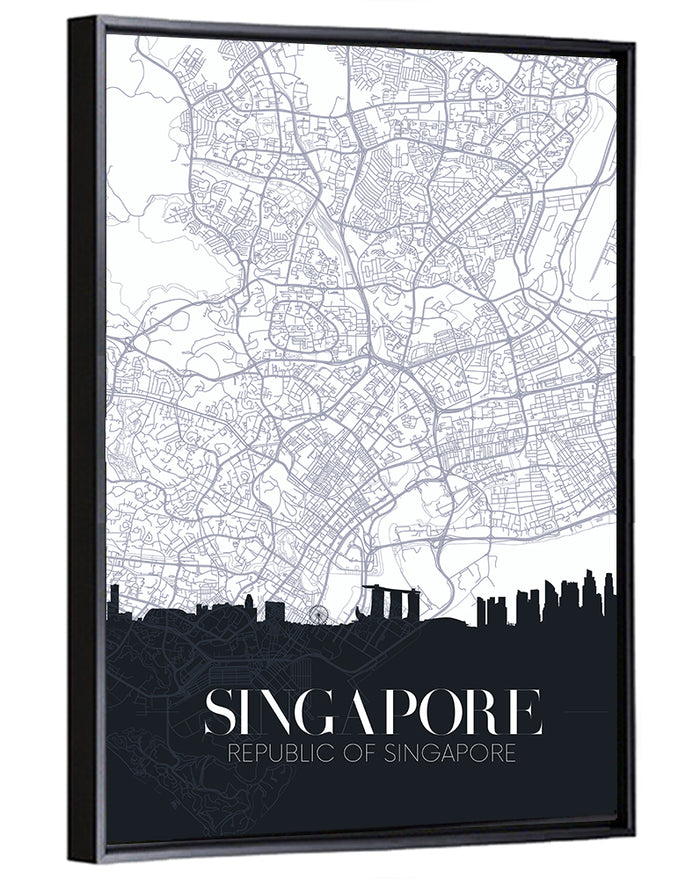 Singapore City Map Silhouette Wall Art as a framed canvas