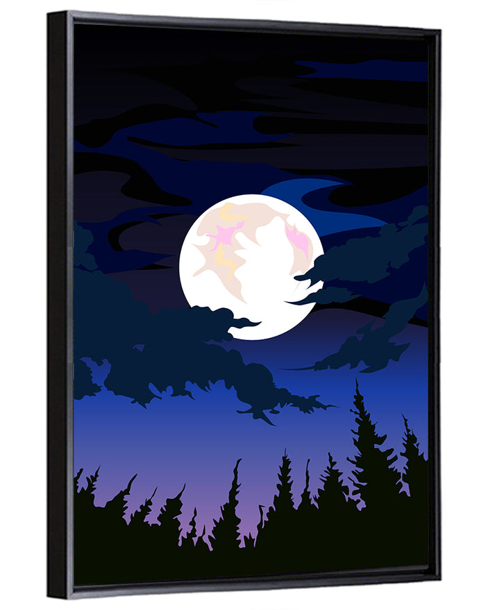 Dark Moon Over Forest Wall Art as a framed canvas