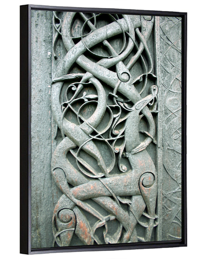 Norwegian Urnes Wood Carving Wall Art as a framed canvas