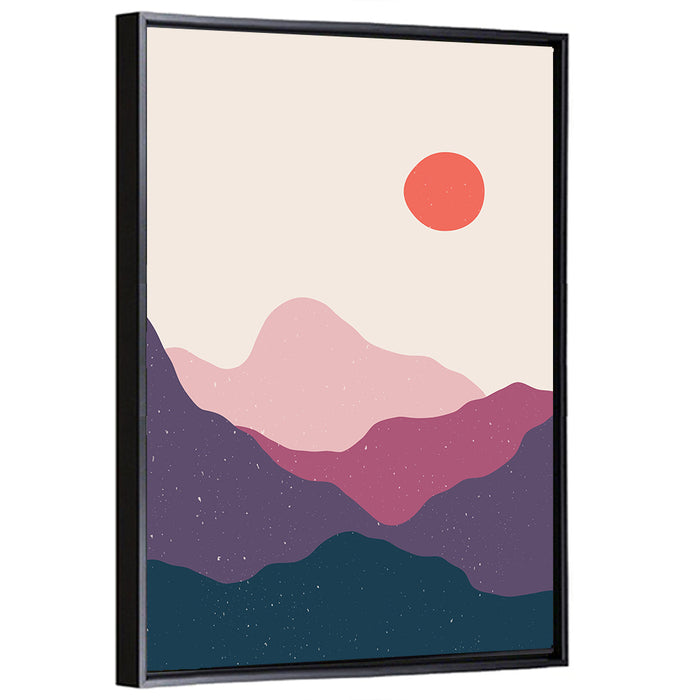 Stippled Sun Over Layered Mountains Wall Art as a framed canvas