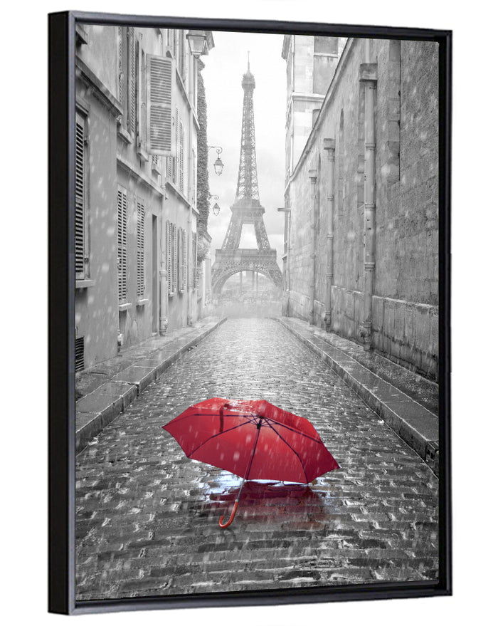 Eiffel Tower on Rainy Street Wall Art as a framed canvas
