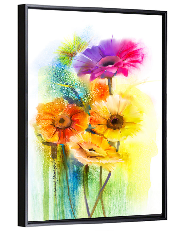 Gerbera Daisy Watercolor Bouquet Wall Art as a framed canvas