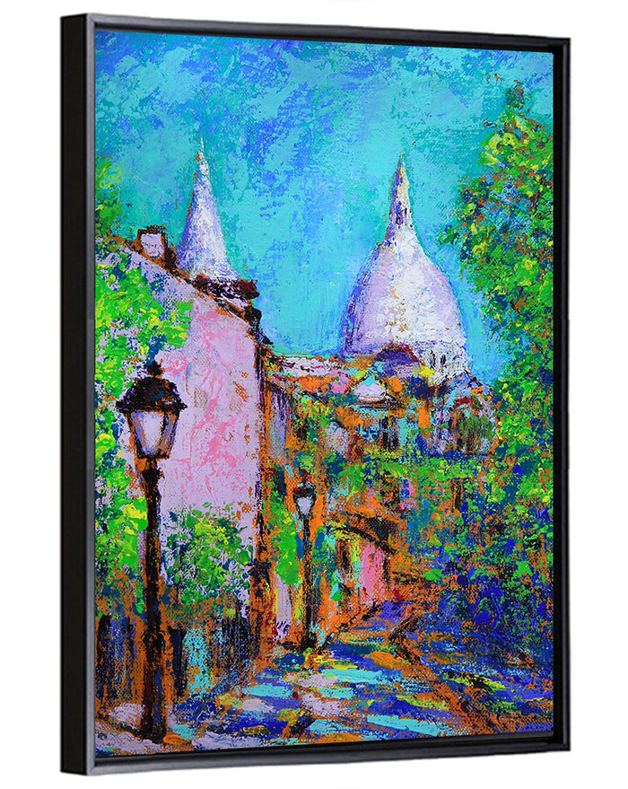Montmartre Street with Sacre Coeur Dome Wall Art as a framed canvas