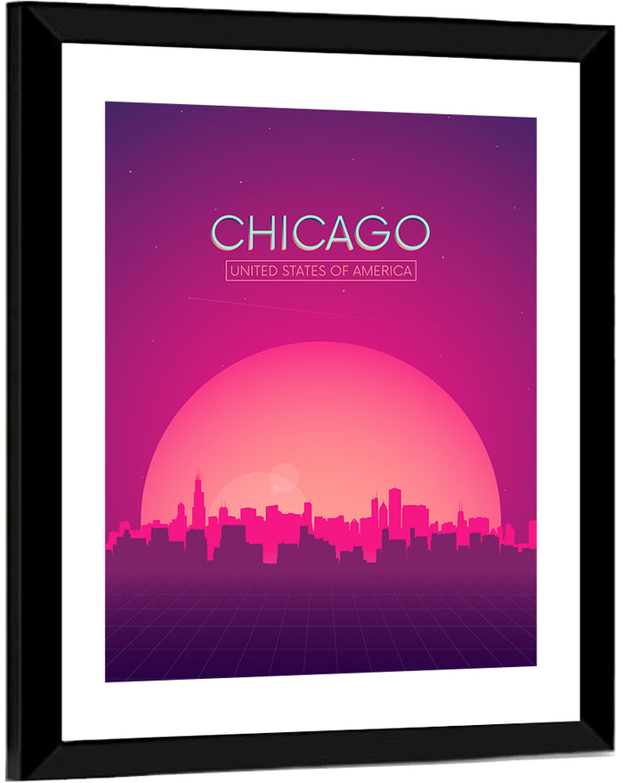 Chicago Retro Sunset Skyline Wall Art as a framed print