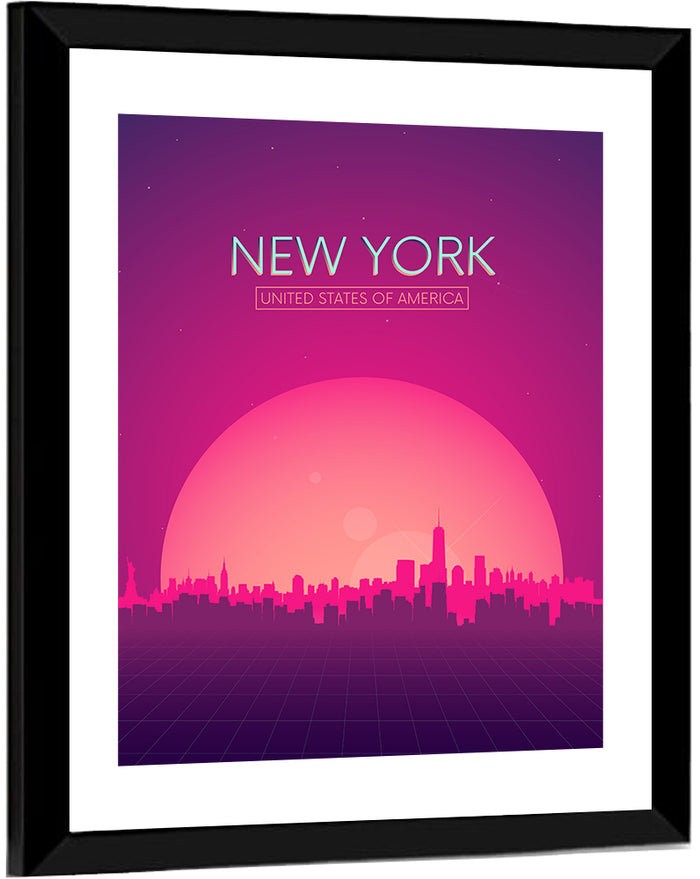 New York Retro Sunset Skyline Wall Art as a framed print