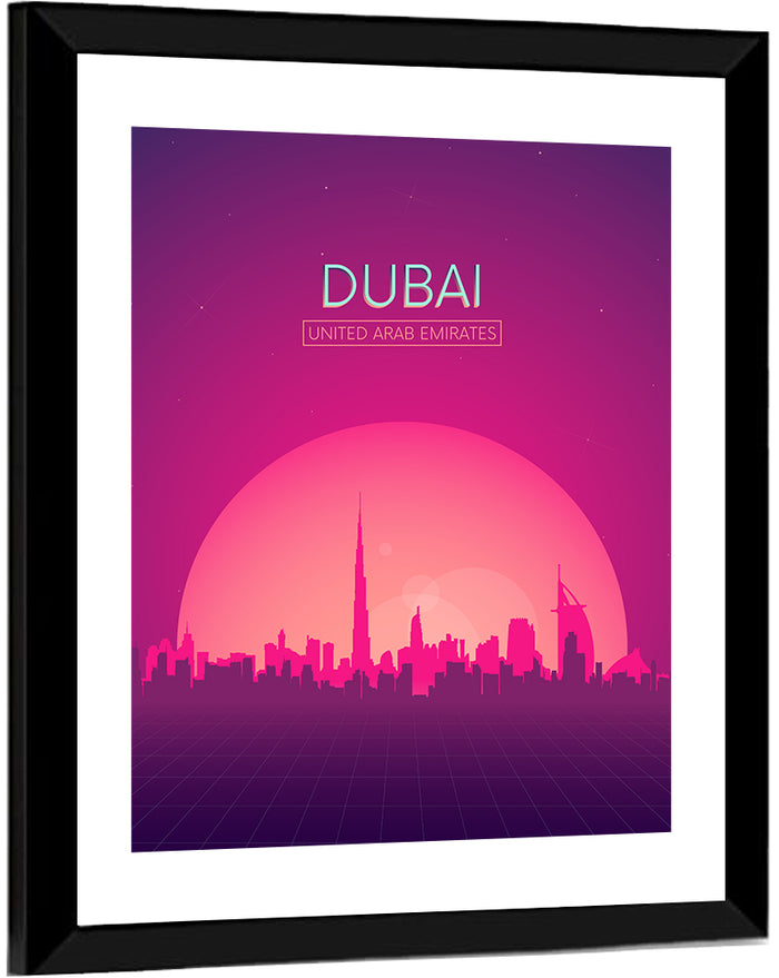 Dubai Retro Skyline Wall Art as a framed print