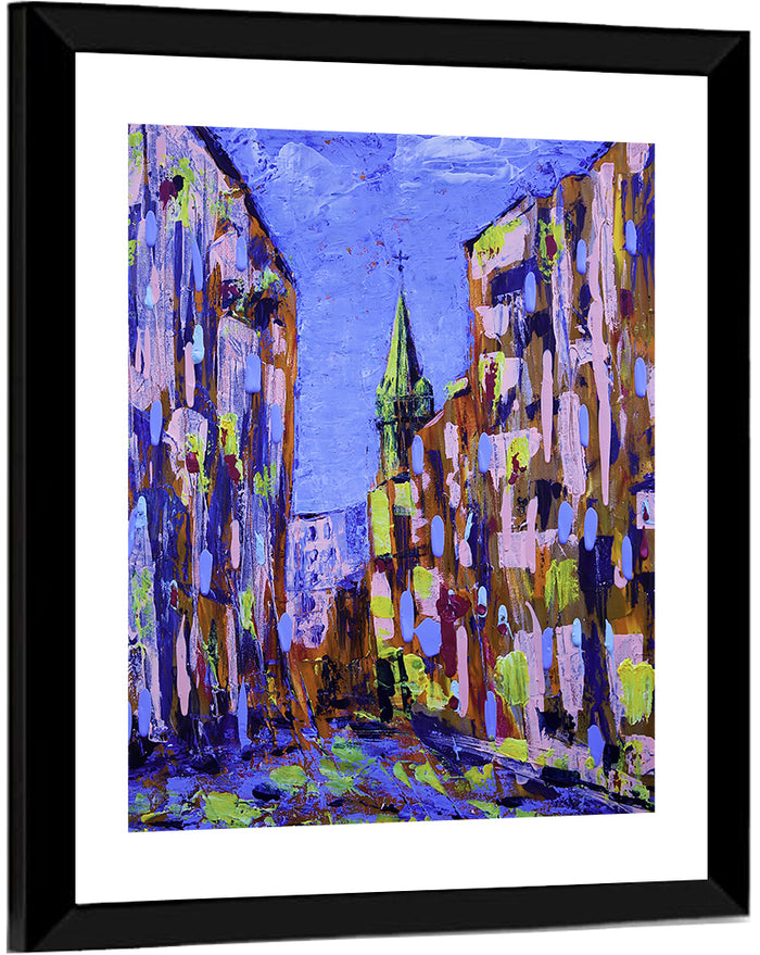 Old City Street with Steeple Wall Art as a framed print