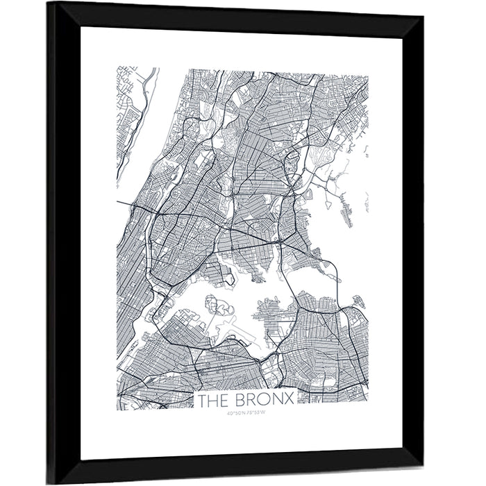 Bronx Black and White Map Wall Art as a framed print